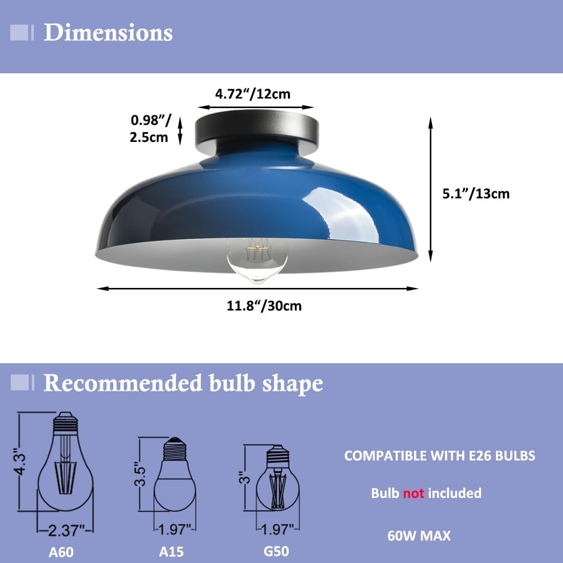 Blue Industrial Semi Flush Ceiling Light