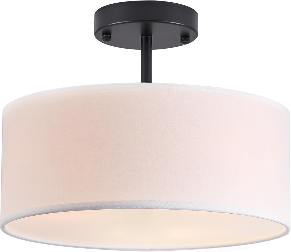 Black Fabric Drum Semi Flush Ceiling Light
