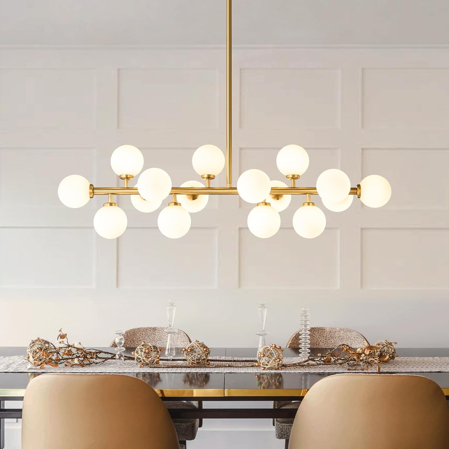 Gold Milk‑Glass Linear Sputnik Chandelier