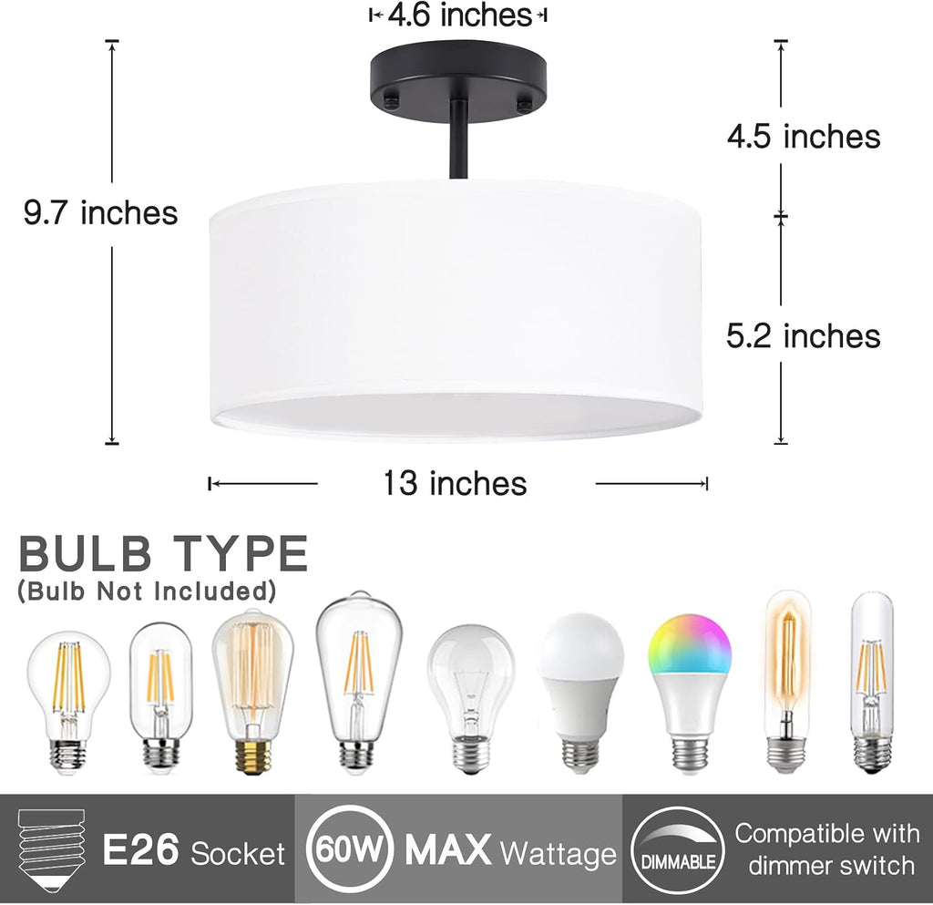 Black Fabric Drum Semi Flush Ceiling Light