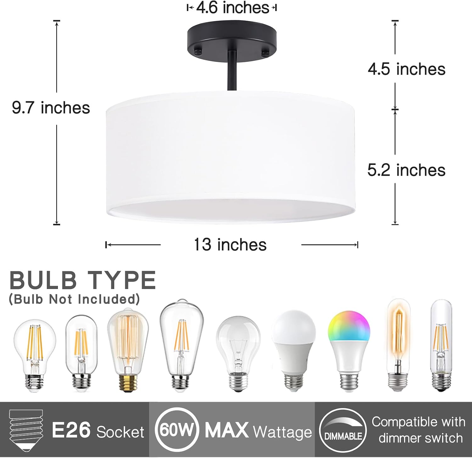 Black Fabric Drum Semi Flush Ceiling Light