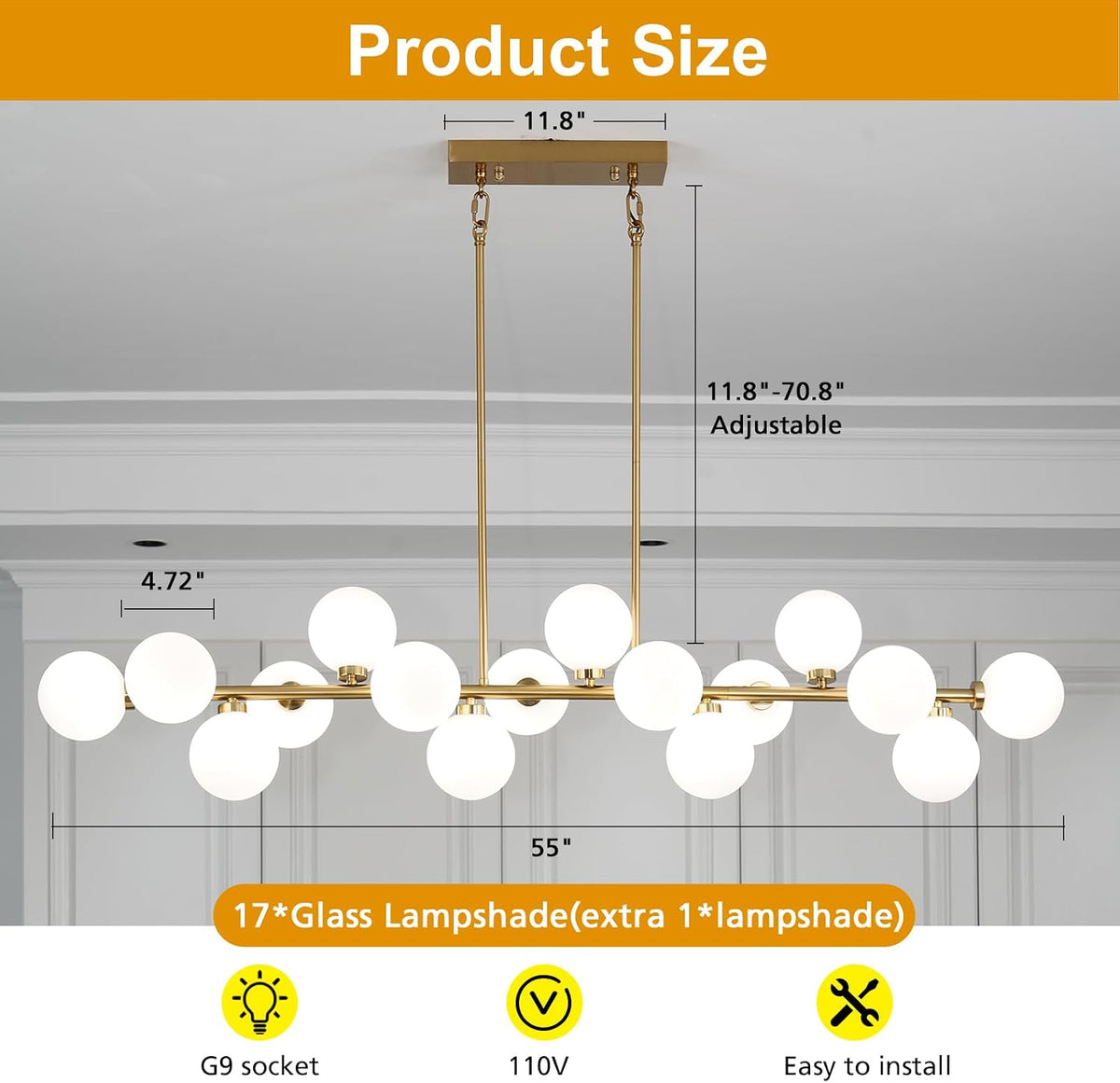 Gold Bubble‑Glass Linear Chandelier