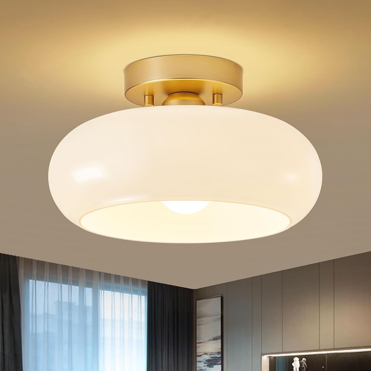Gold Glass Mid‑Century Semi Flush Light