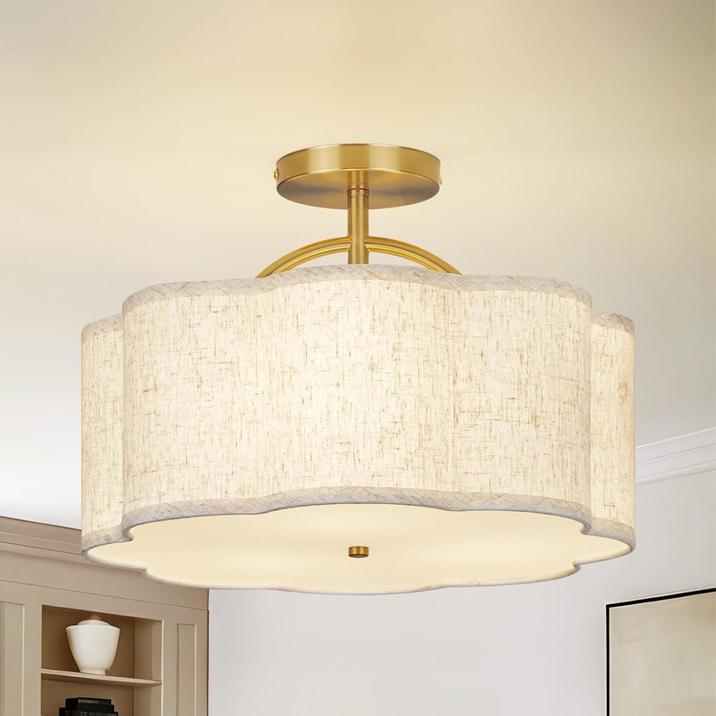 Gold Linen Semi Flush Ceiling Light