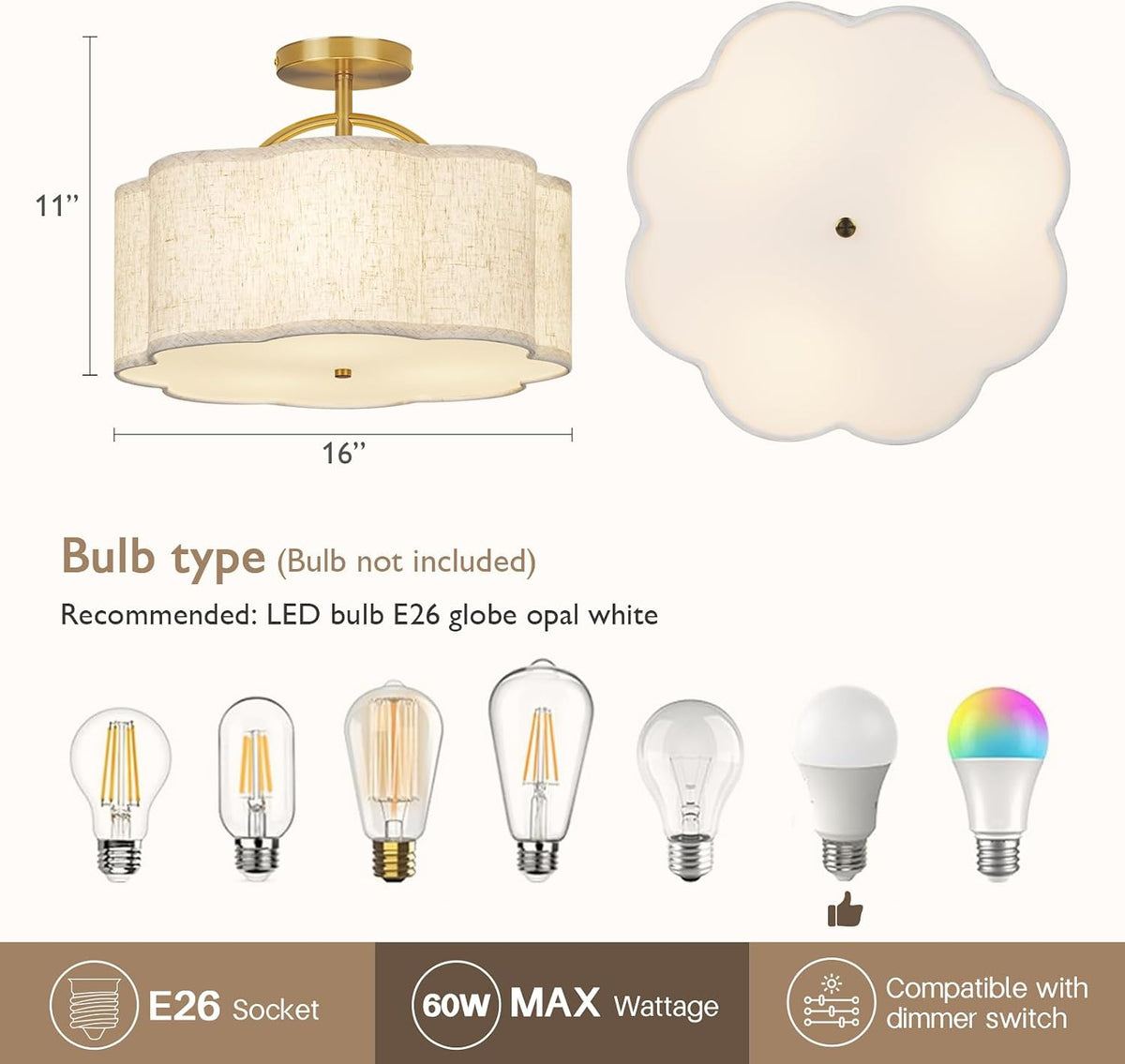 Gold Linen Semi Flush Ceiling Light