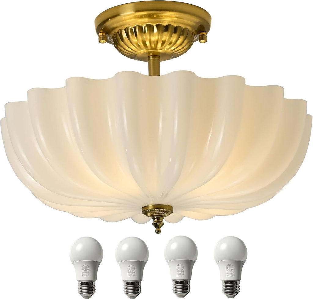 Gold Milk‑Glass Semi Flush Ceiling Light