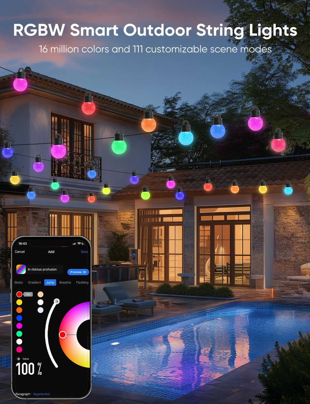 RGBW Smart Outdoor String Lights Music‑Sync