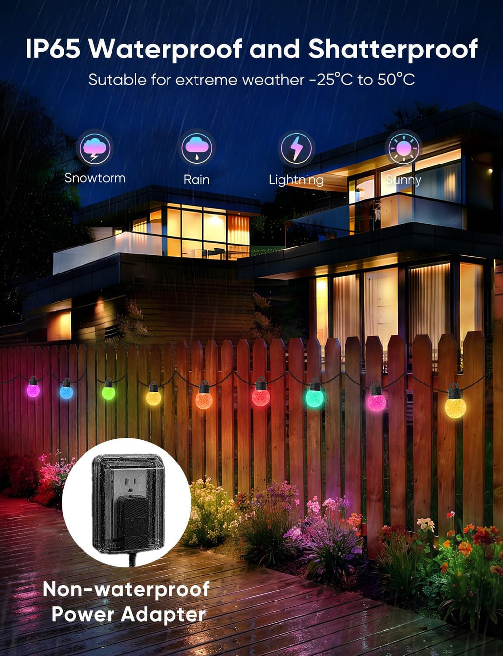 RGBW Smart Outdoor String Lights Music‑Sync