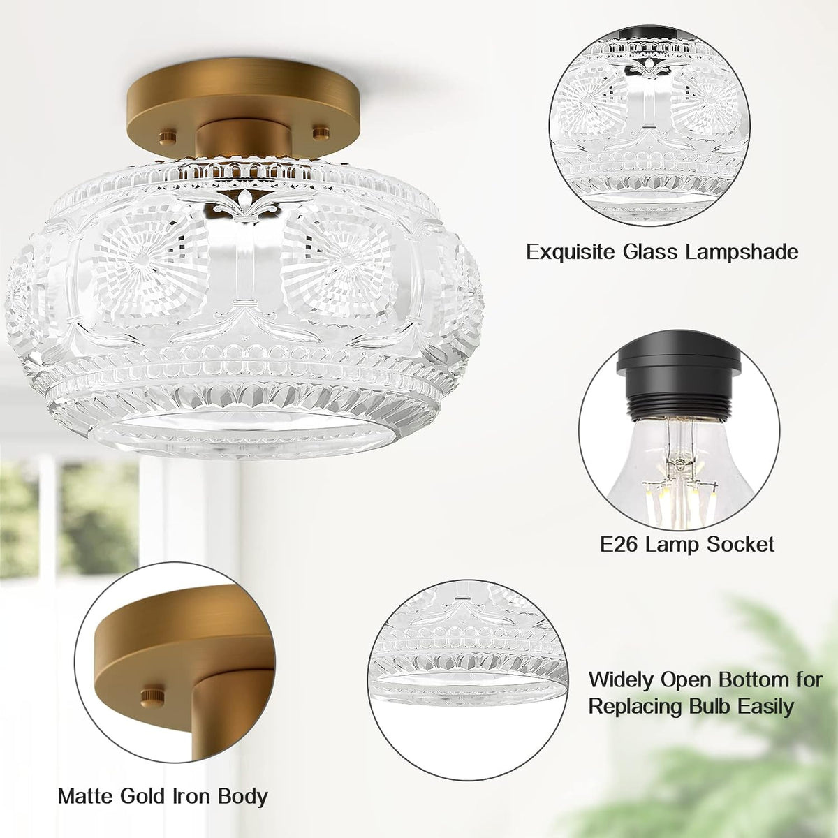 Gold Glass Vintage Semi Flush Ceiling Light