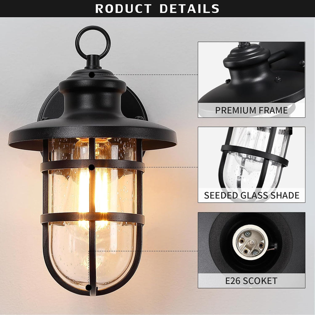 Caged Seeded‑Glass Outdoor Wall Lights Set‑2