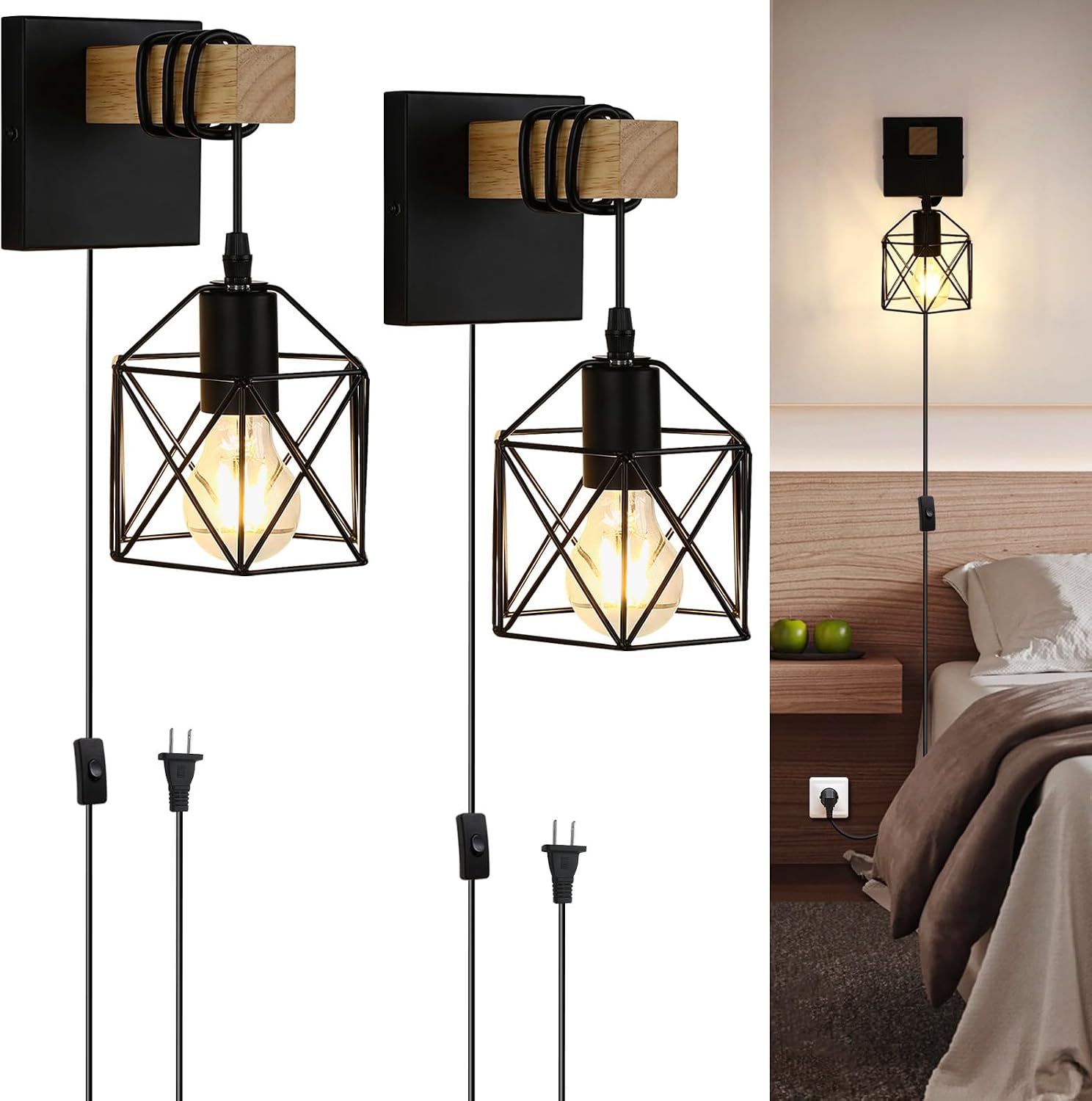 Black Cage Plug‑in Wall Sconces Set‑2