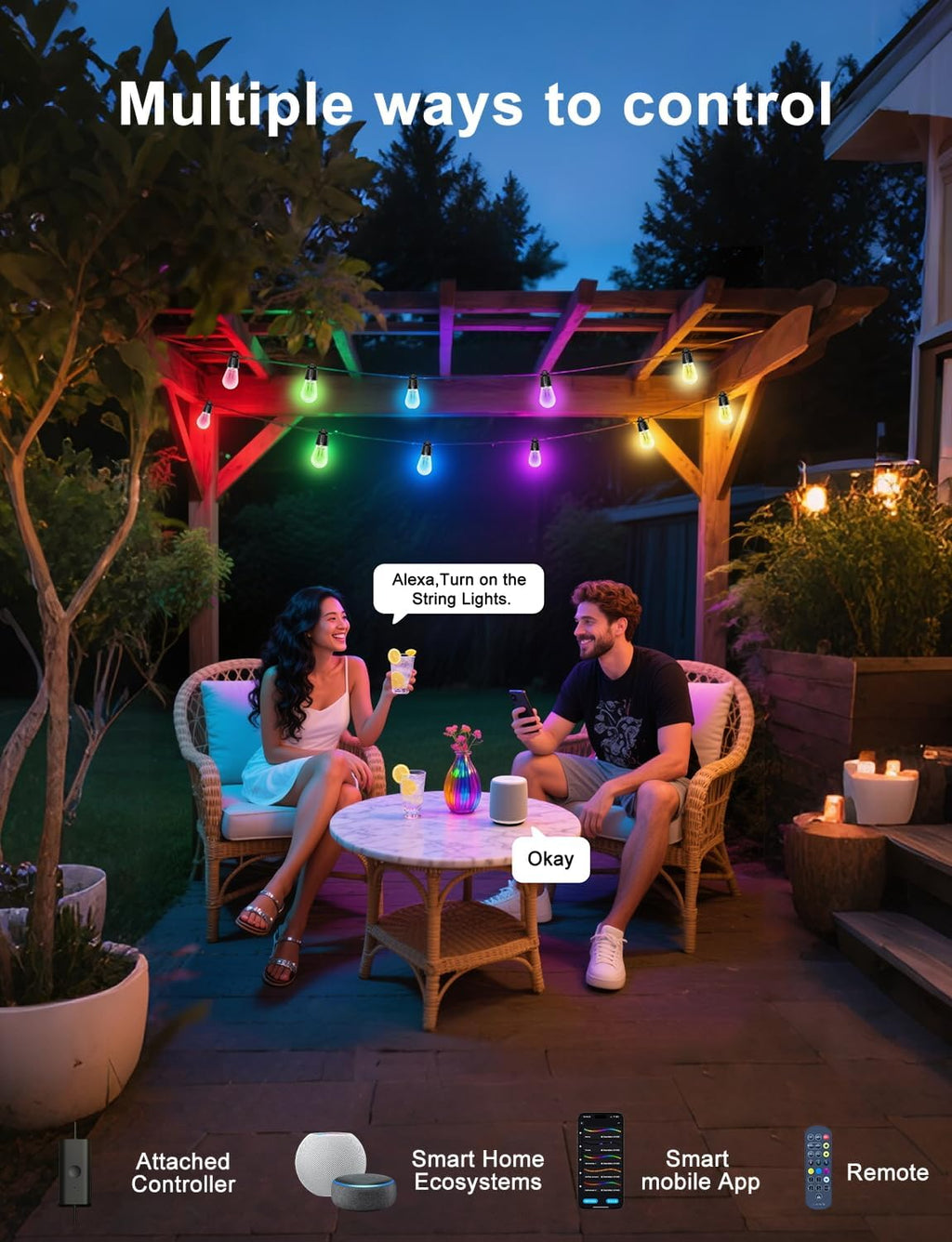 Smart RGBW IC Outdoor String Lights App‑Remote