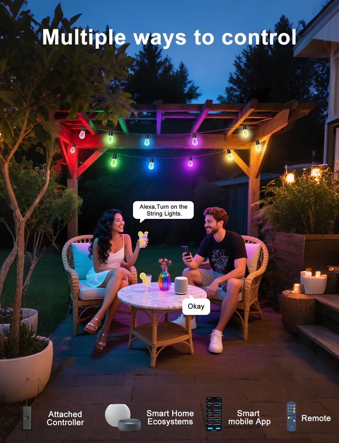 Smart RGBW IC Outdoor String Lights App‑Remote