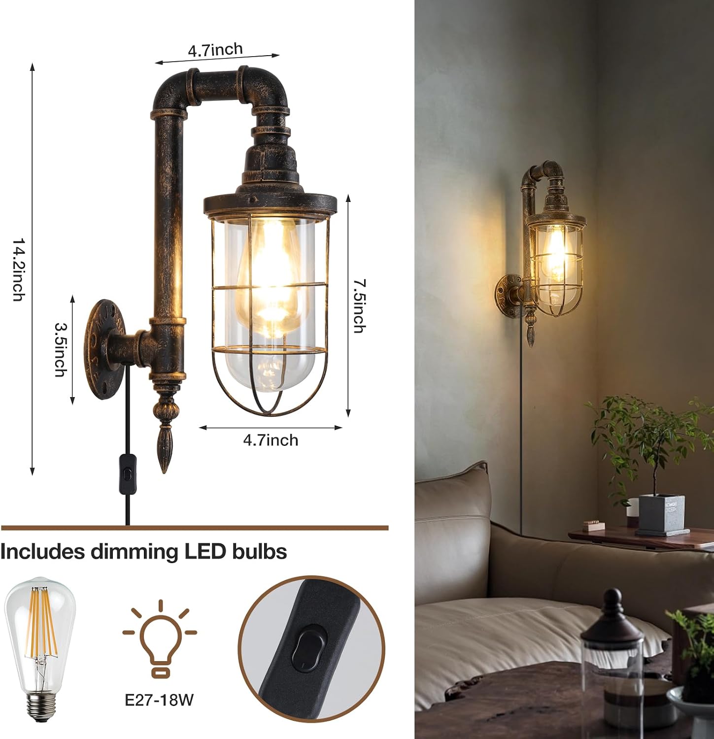 Bronze Cage Plug‑in Wall Sconce