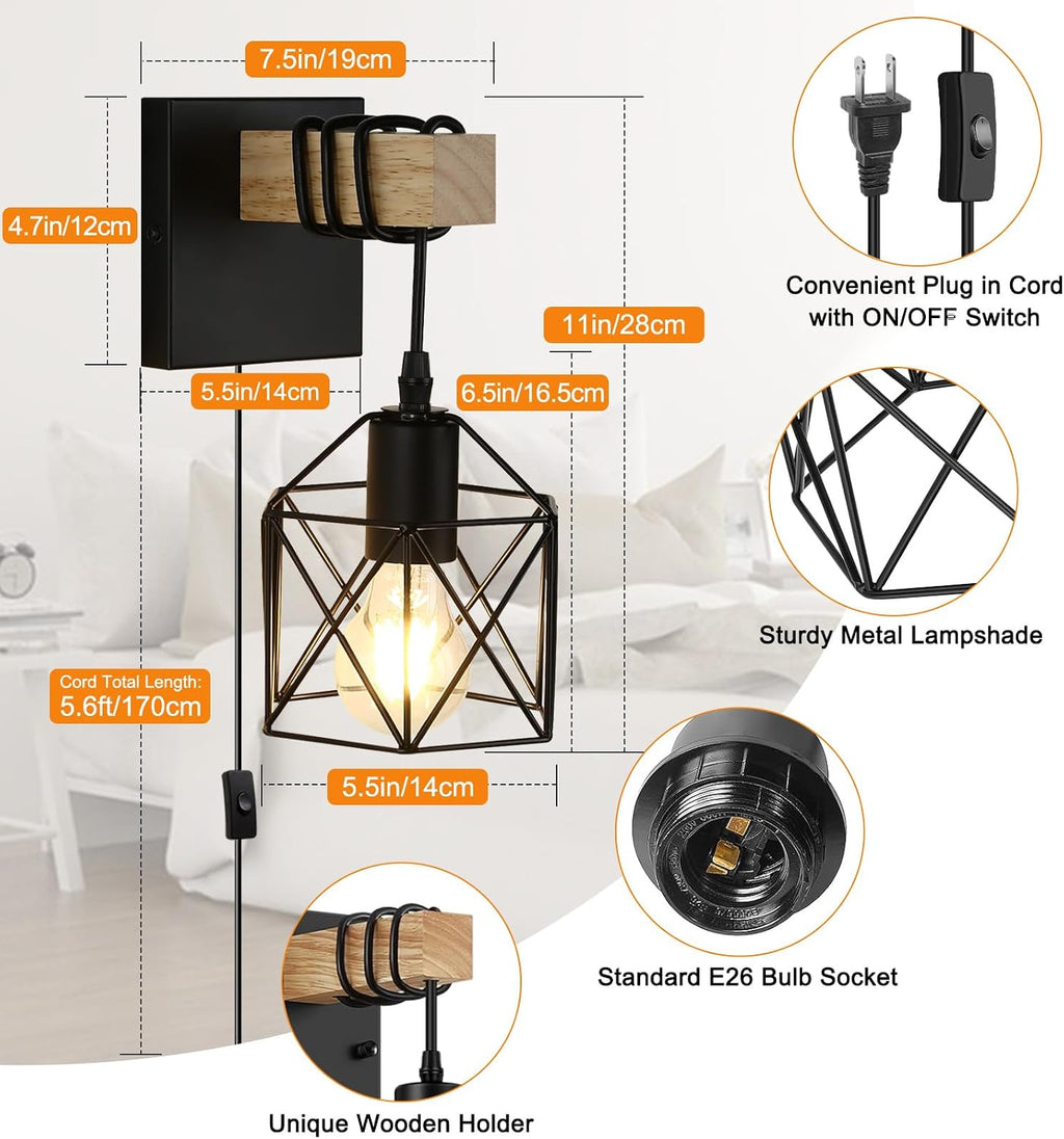 Black Cage Plug‑in Wall Sconces Set‑2