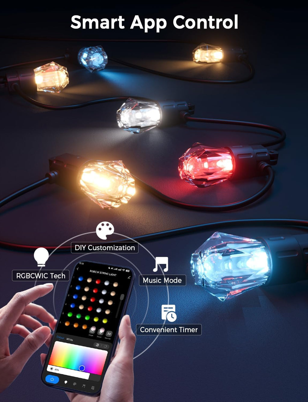 RGBCW Smart Outdoor String Lights App‑Controlled