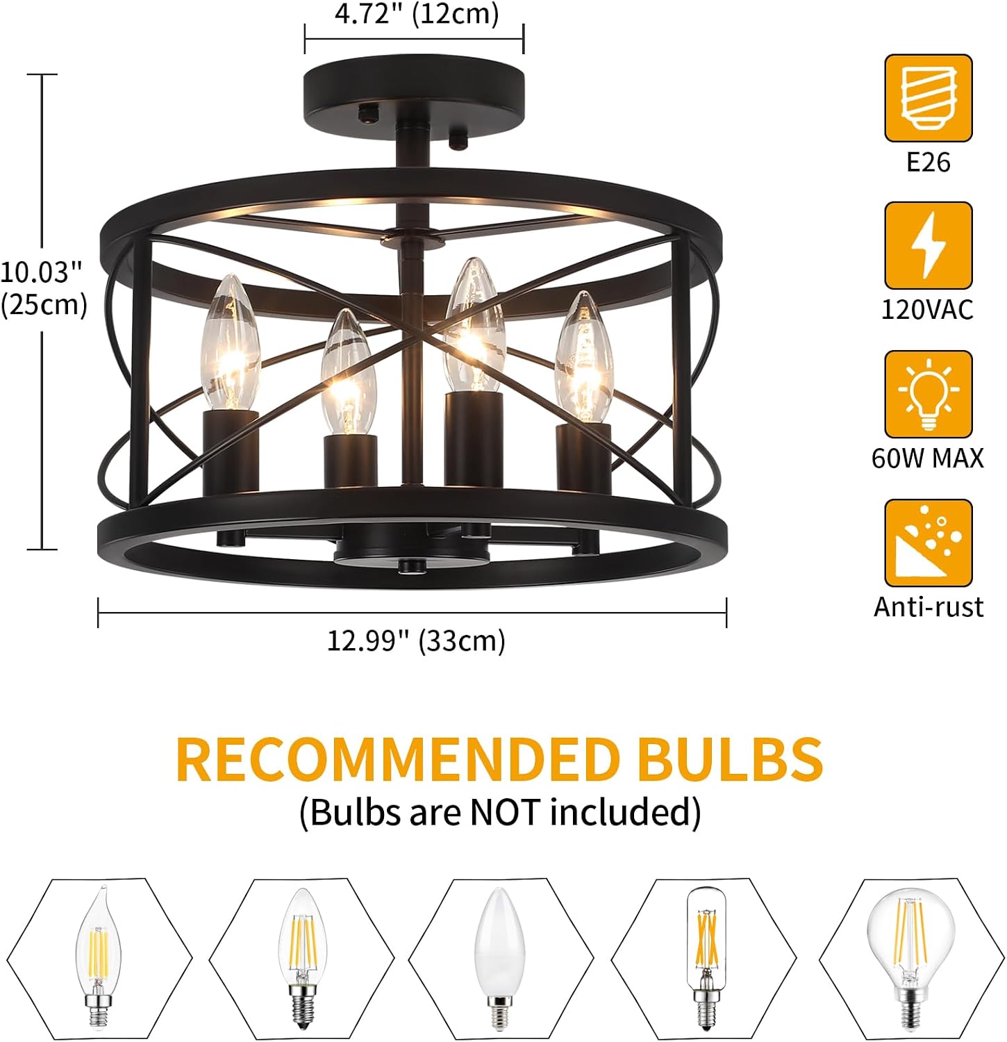 Black Farmhouse Semi Flush Ceiling Light