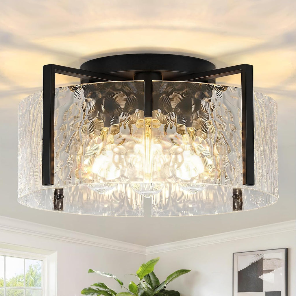 Black Hammered‑Glass Semi Flush Ceiling Light