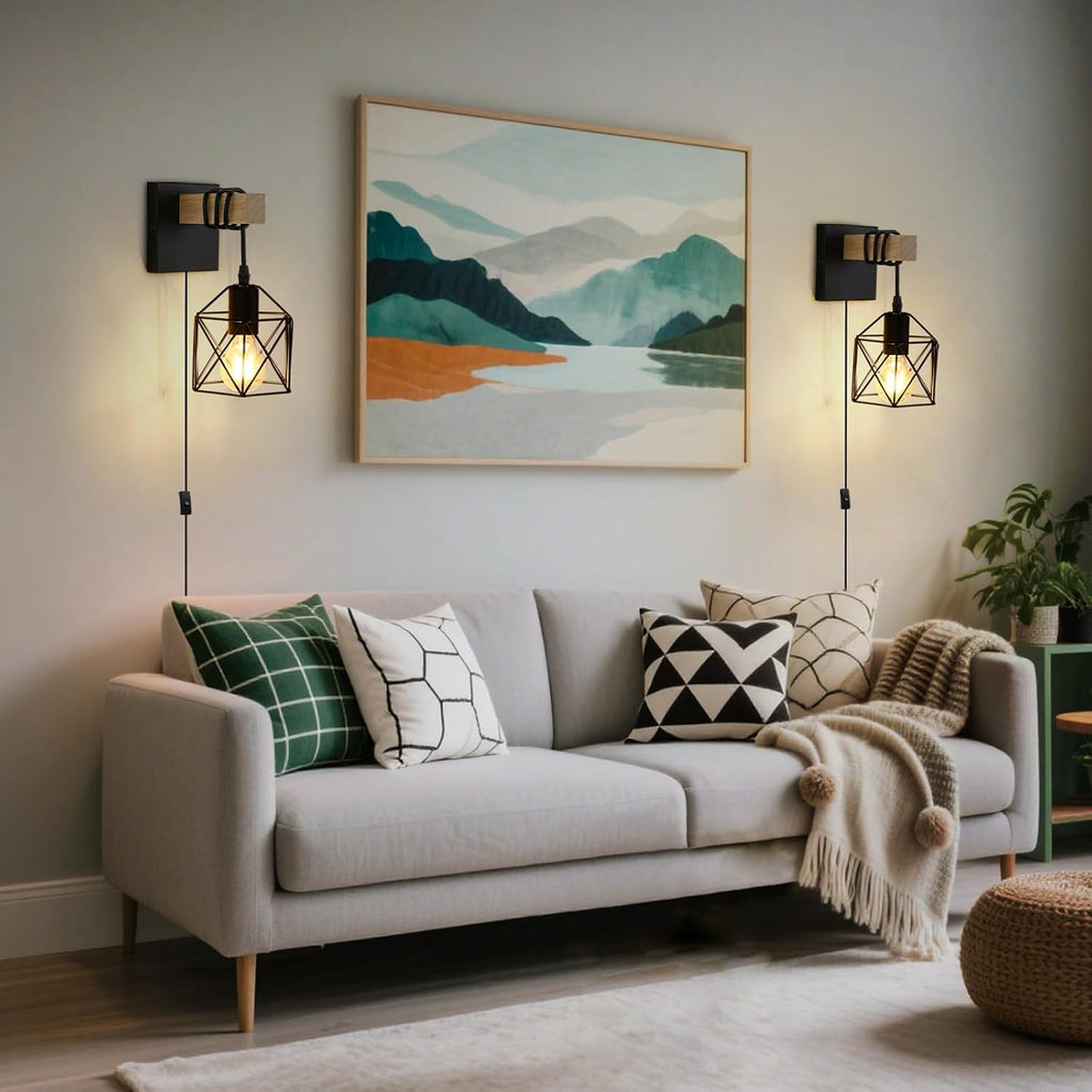 Black Cage Plug‑in Wall Sconces Set‑2