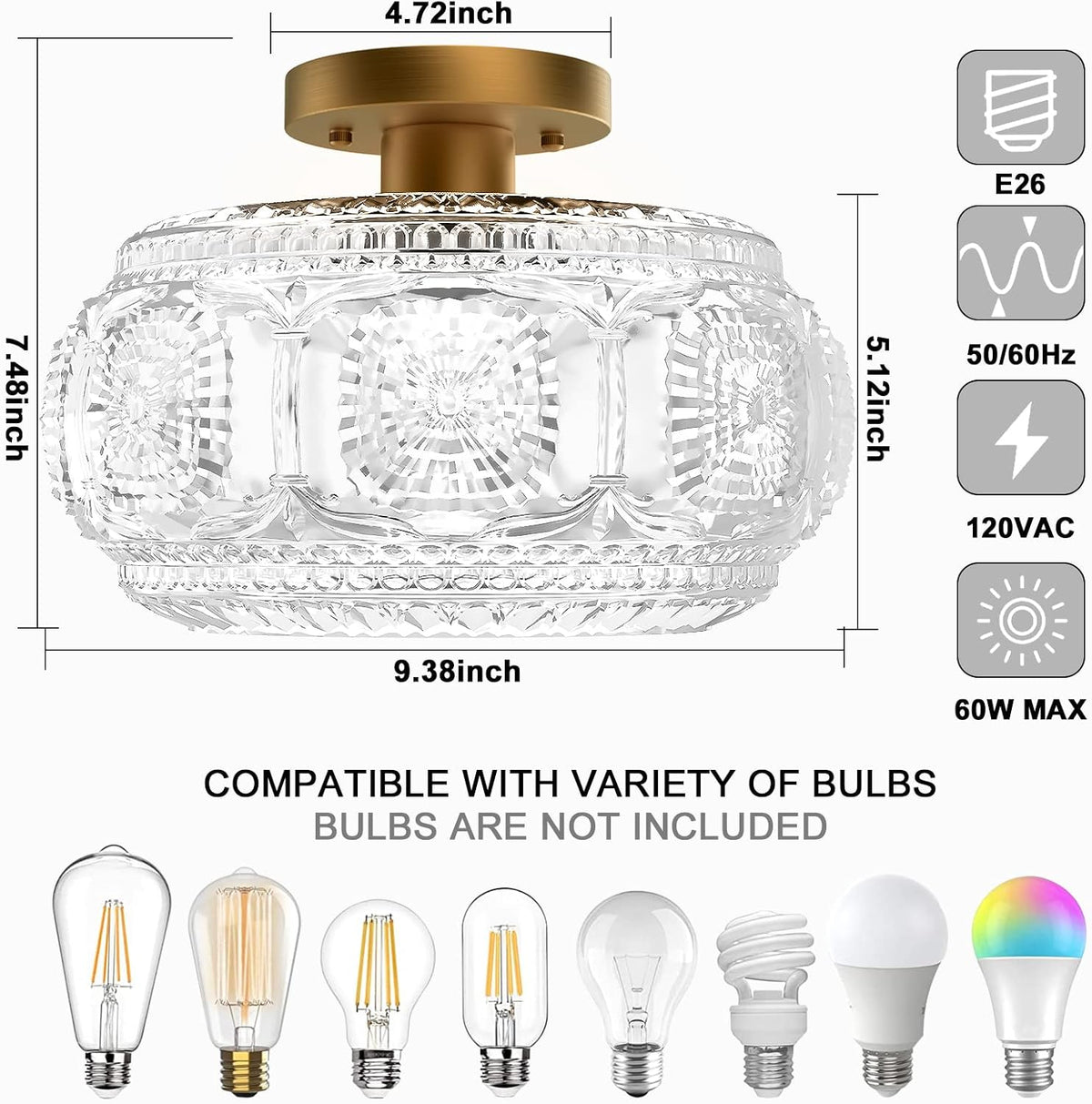 Gold Glass Vintage Semi Flush Ceiling Light