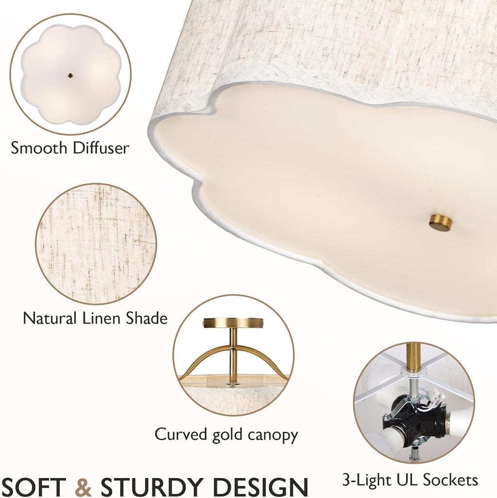 Gold Linen Semi Flush Ceiling Light