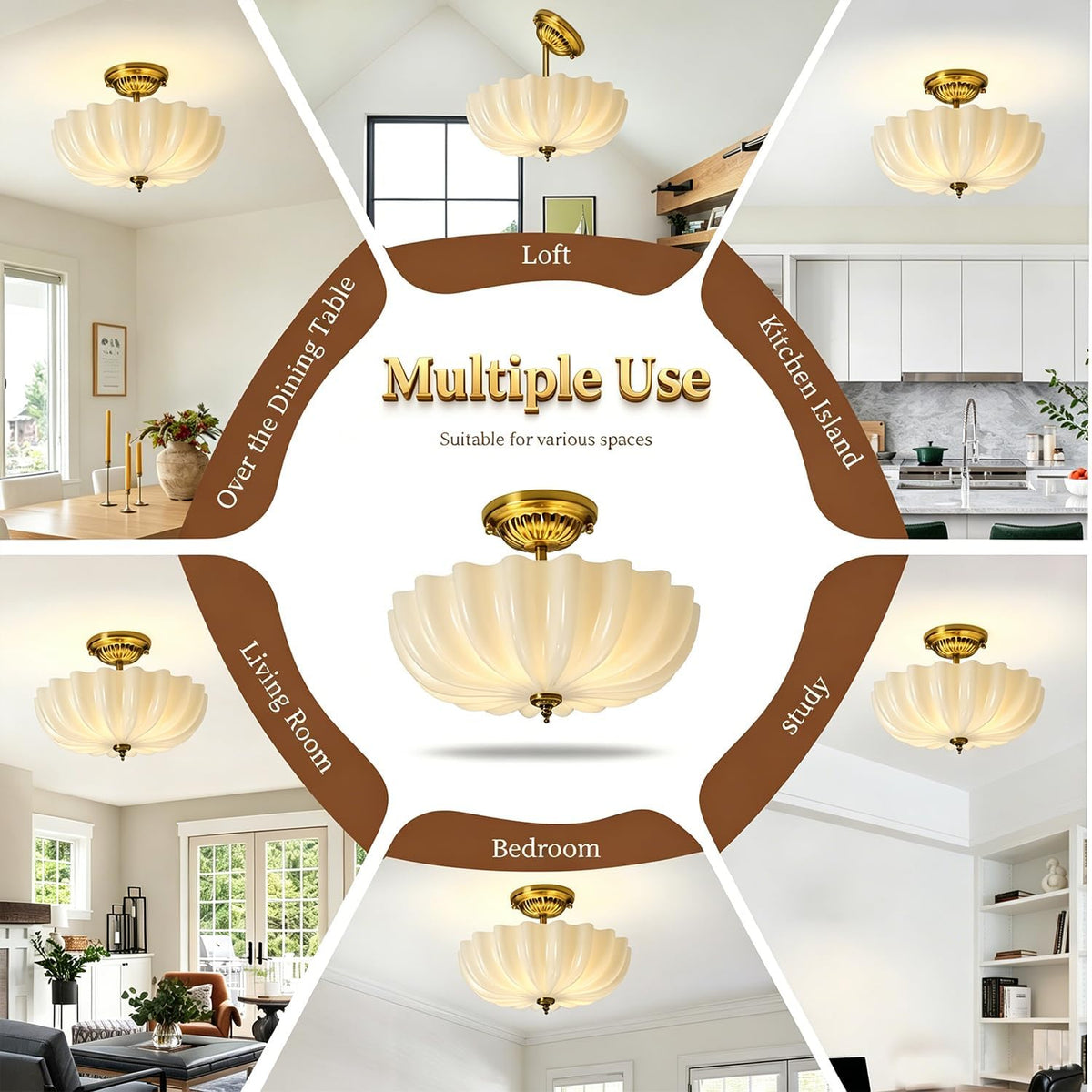 Gold Milk‑Glass Semi Flush Ceiling Light
