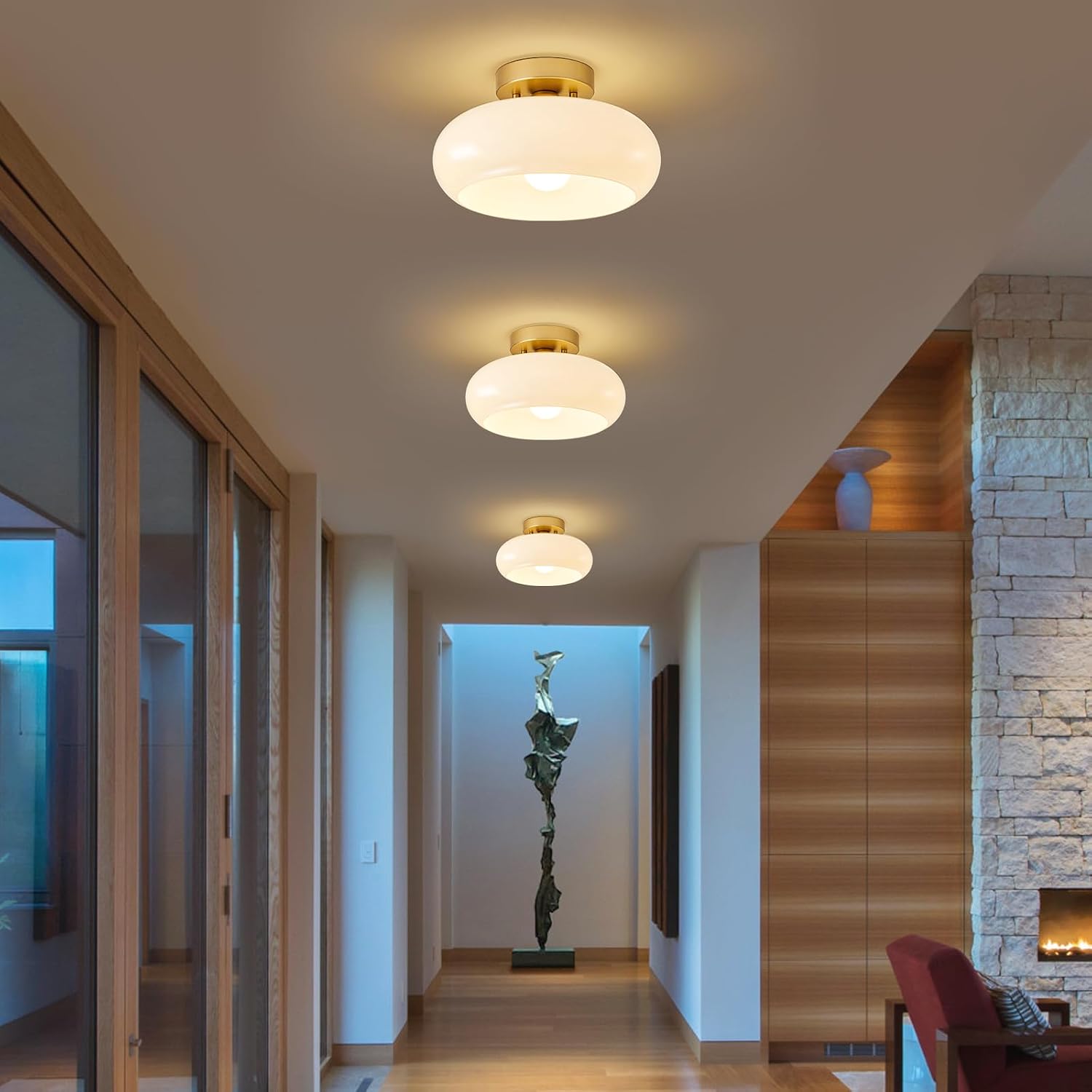 Gold Glass Mid‑Century Semi Flush Light