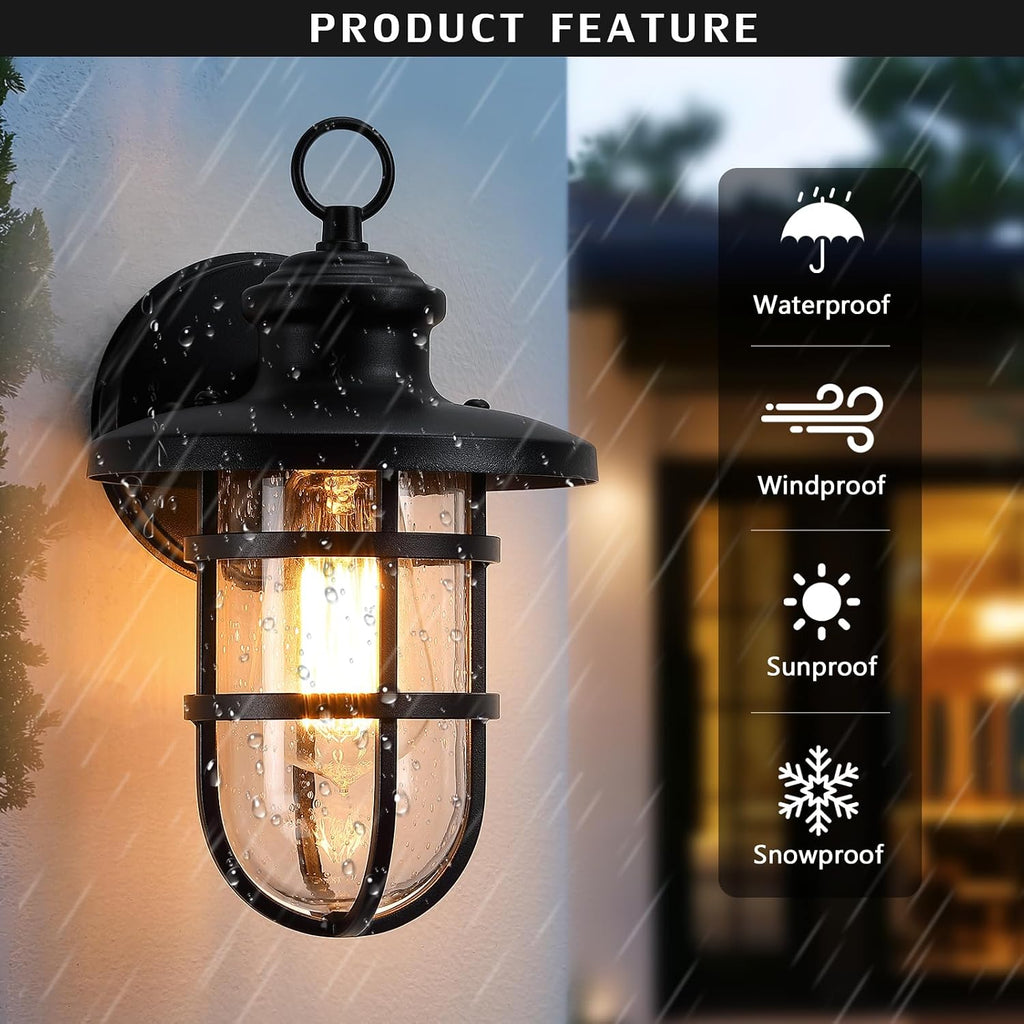 Caged Seeded‑Glass Outdoor Wall Lights Set‑2