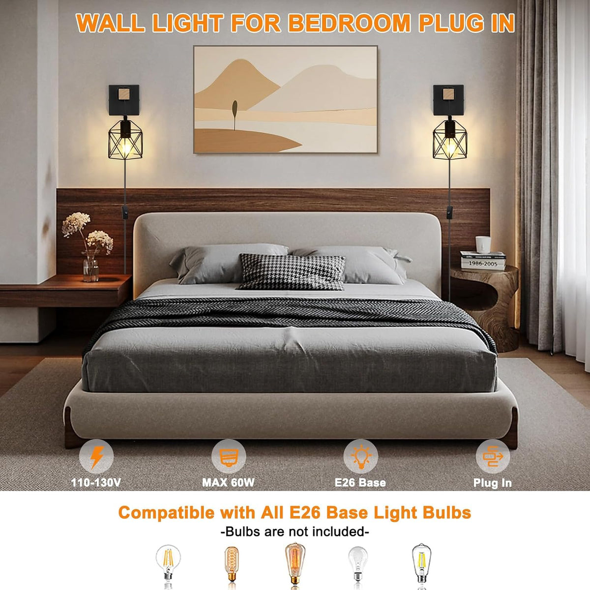Black Cage Plug‑in Wall Sconces Set‑2