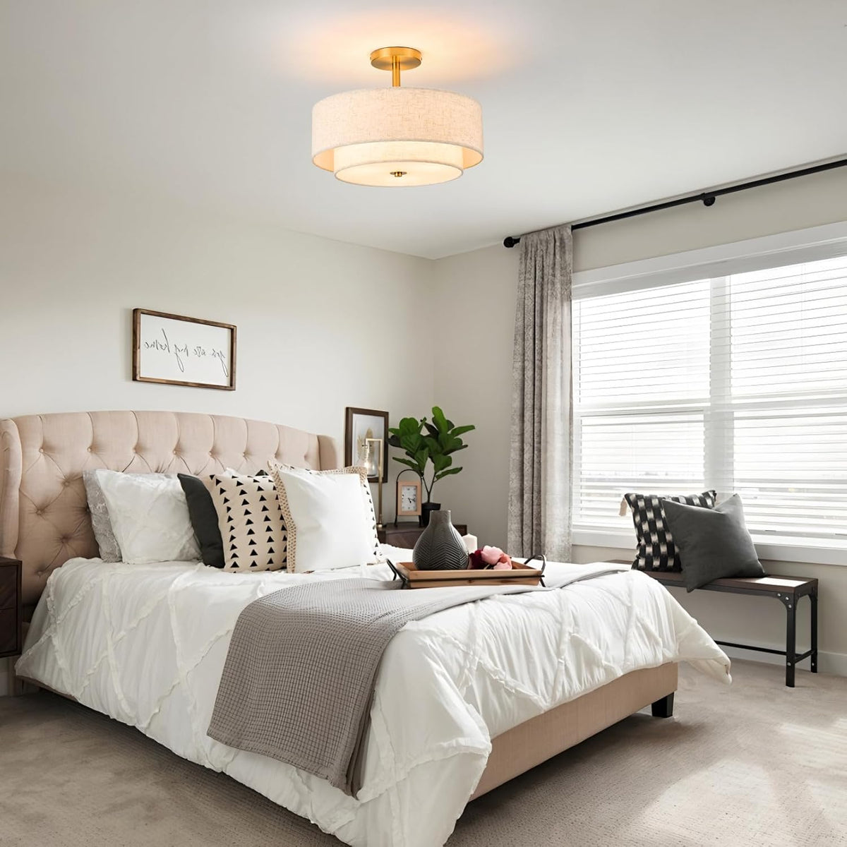 Gold Fabric Drum Semi Flush Ceiling Light