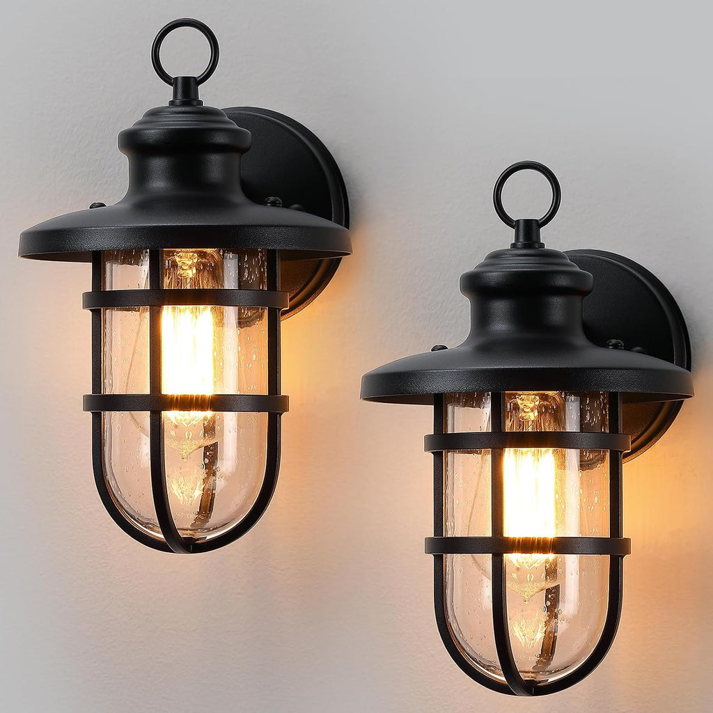 Caged Seeded‑Glass Outdoor Wall Lights Set‑2