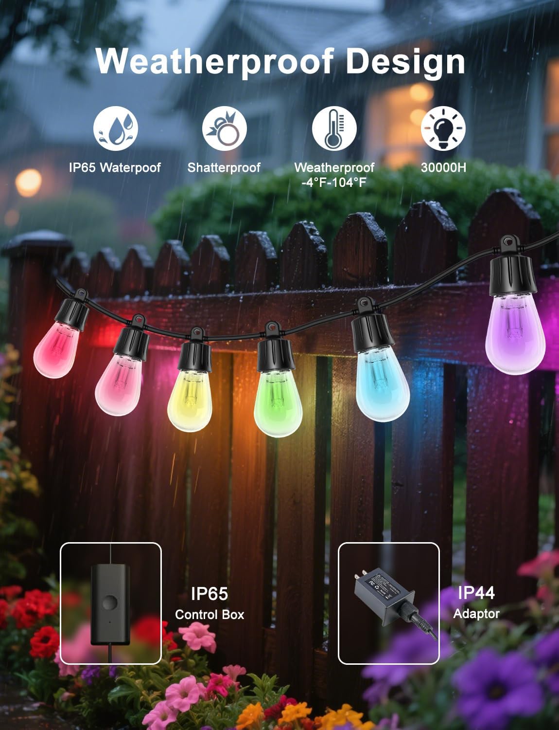 Smart RGBW IC Outdoor String Lights App‑Remote