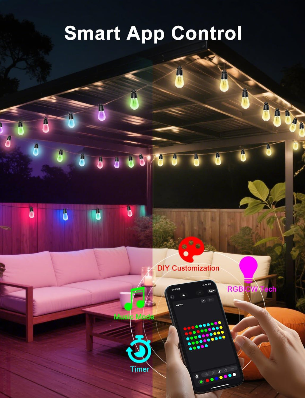 Smart RGBW IC Outdoor String Lights App‑Remote