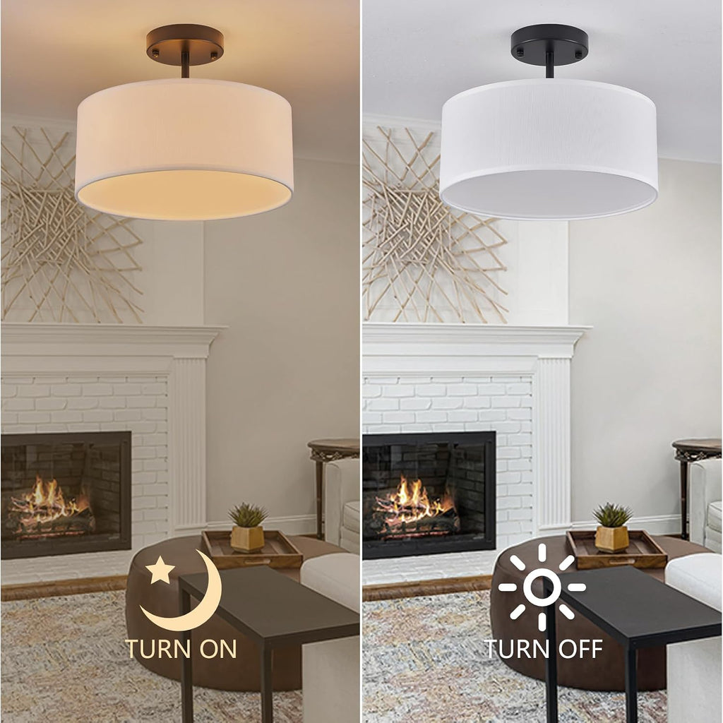 Black Fabric Drum Semi Flush Ceiling Light