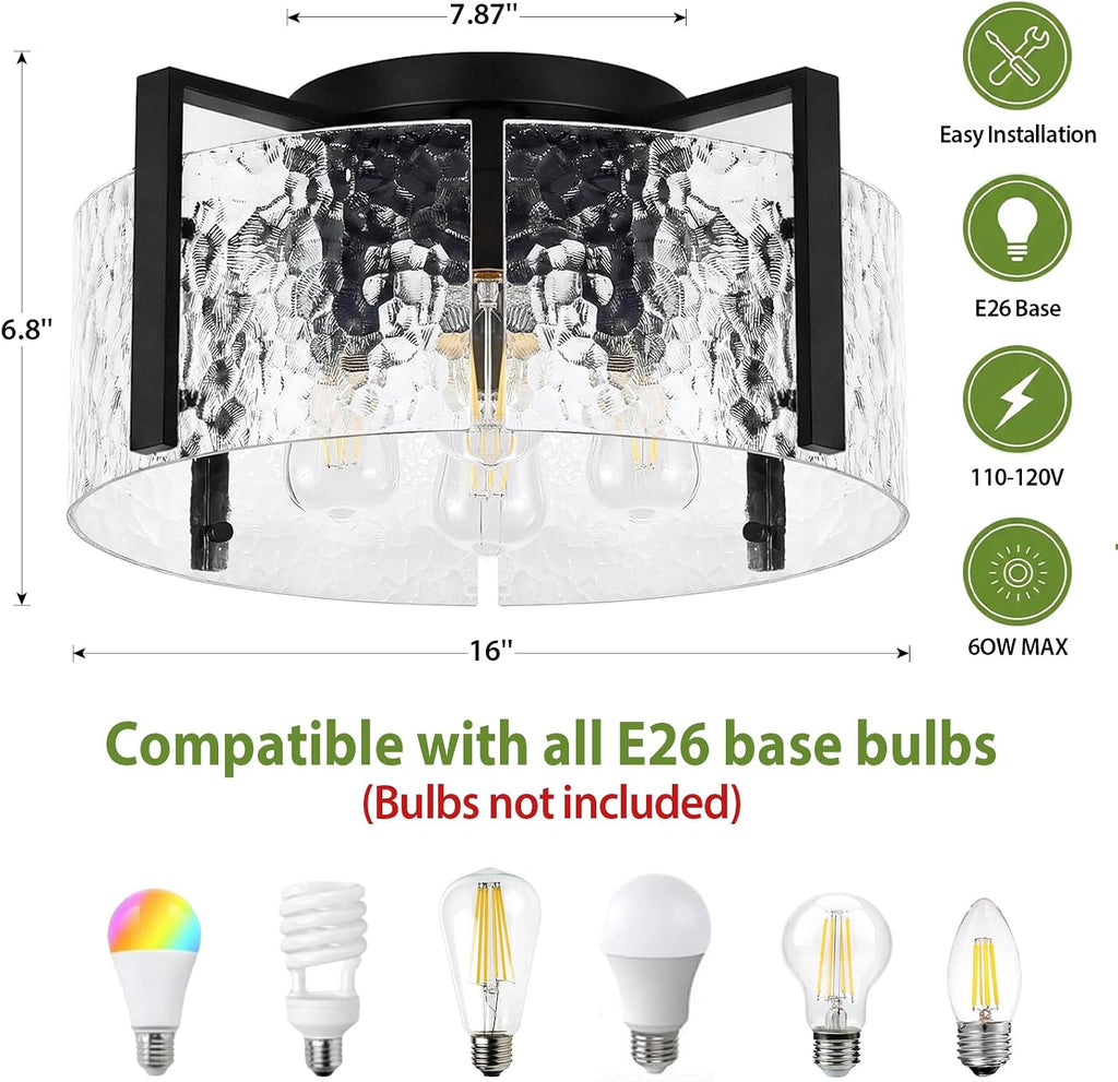 Black Hammered‑Glass Semi Flush Ceiling Light
