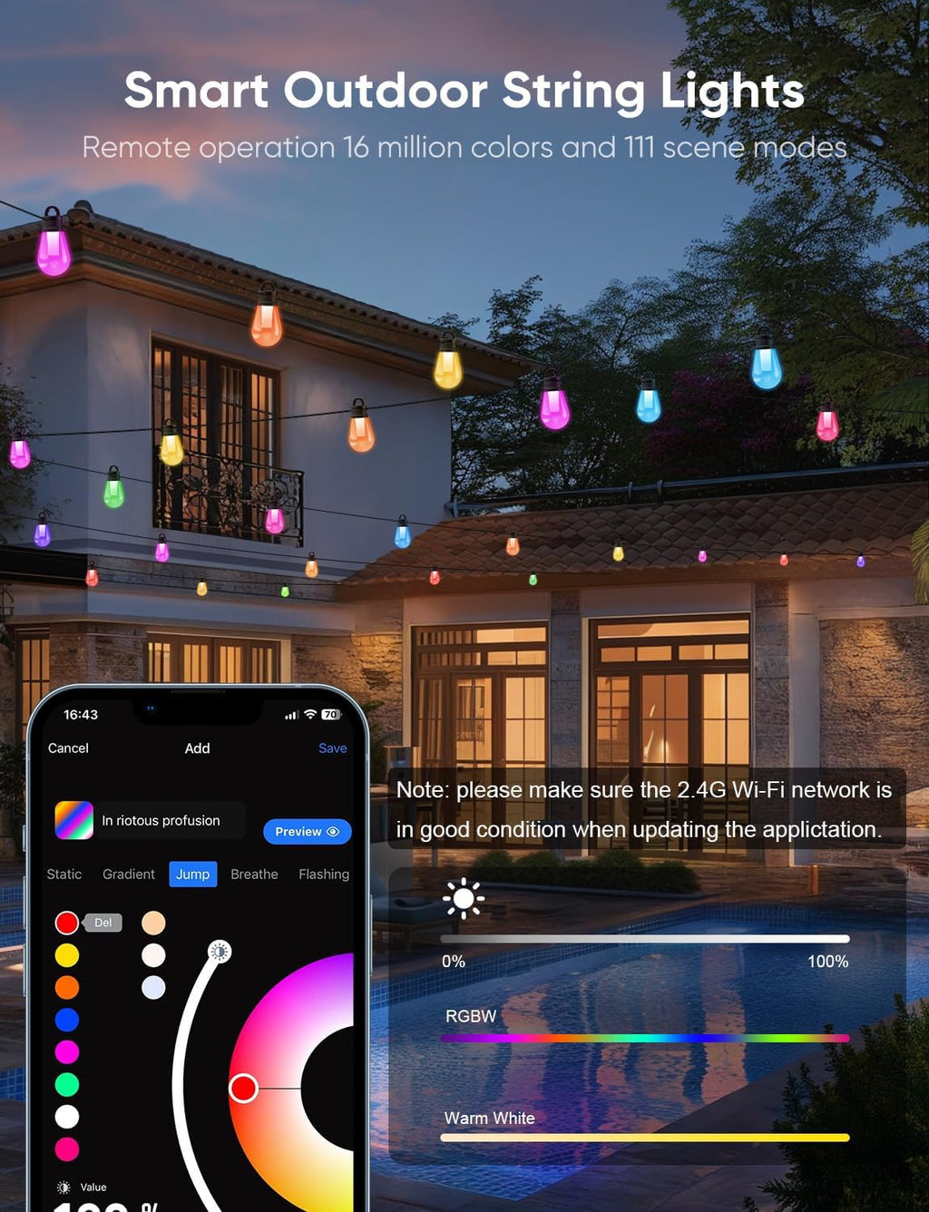 Smart RGBW Outdoor Patio String Lights