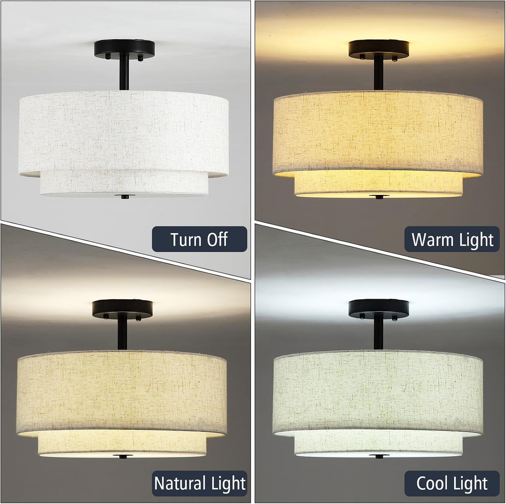 Gold Linen Drum Semi Flush Ceiling Light