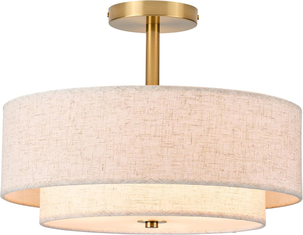 Gold Fabric Drum Semi Flush Ceiling Light