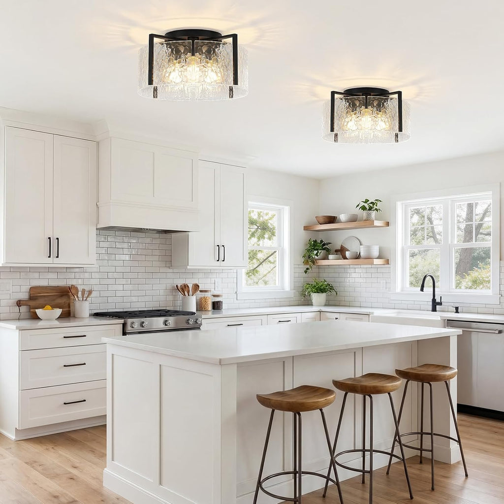 Black Hammered‑Glass Semi Flush Ceiling Light