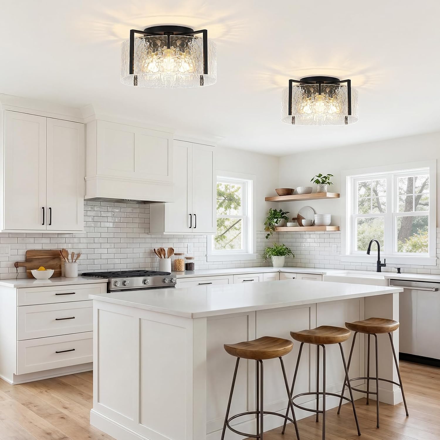 Black Hammered‑Glass Semi Flush Ceiling Light