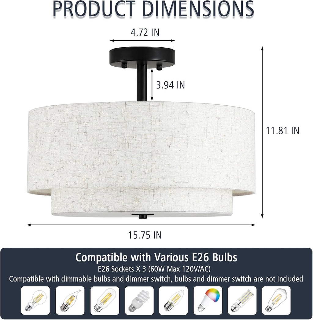 Gold Linen Drum Semi Flush Ceiling Light