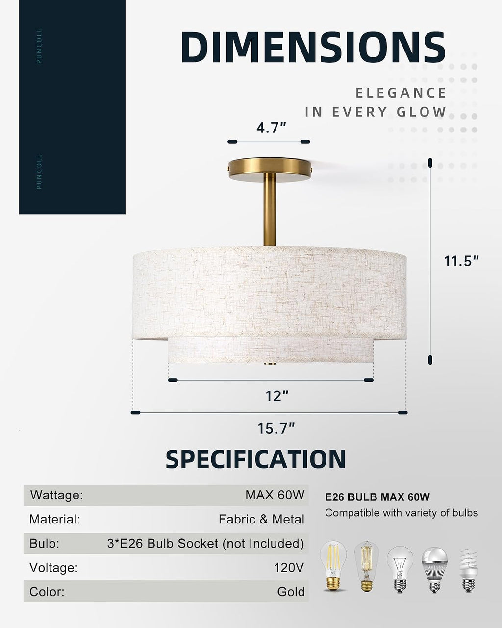 Gold Fabric Drum Semi Flush Ceiling Light