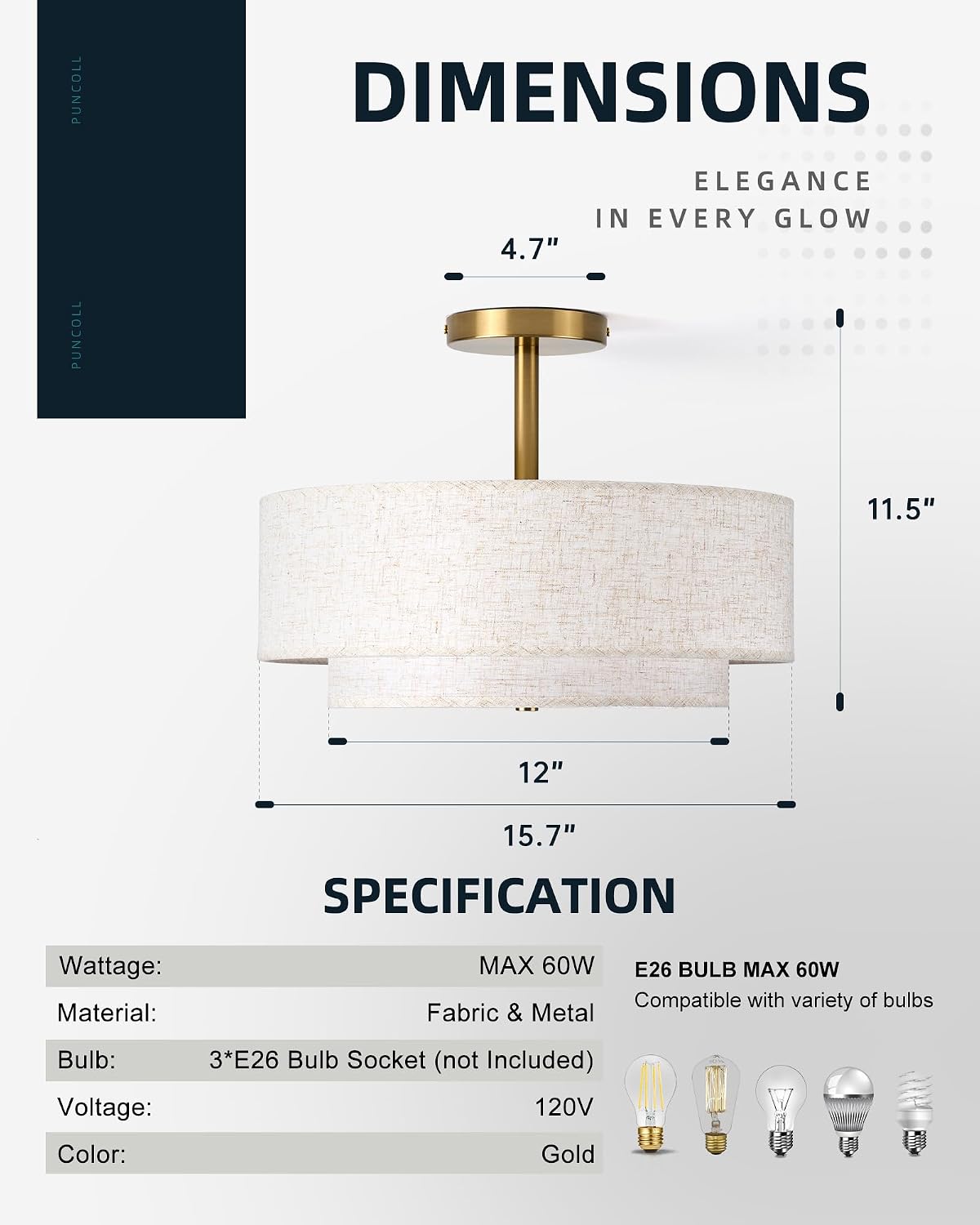 Gold Fabric Drum Semi Flush Ceiling Light