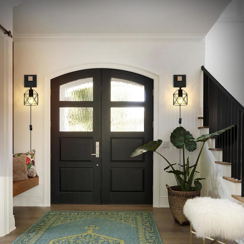 Black Cage Plug‑in Wall Sconces Set‑2