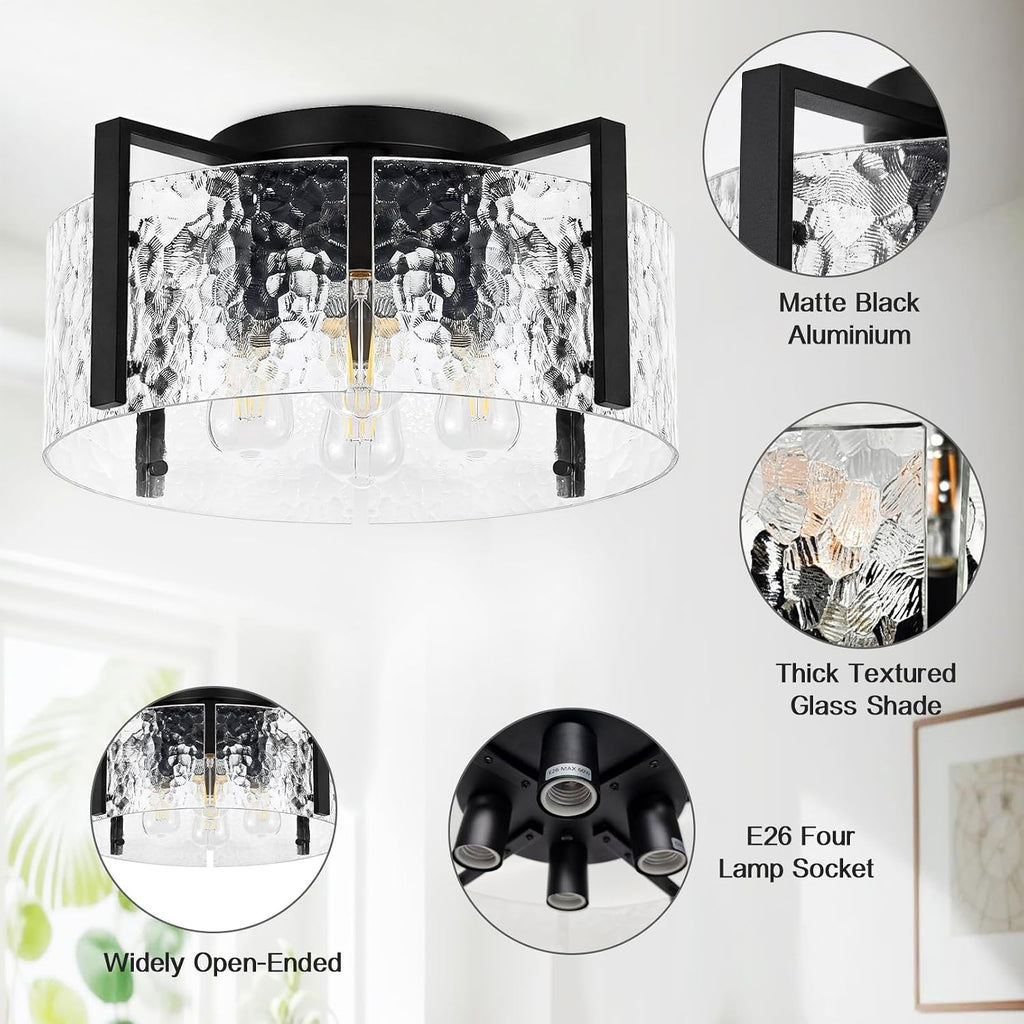 Black Hammered‑Glass Semi Flush Ceiling Light