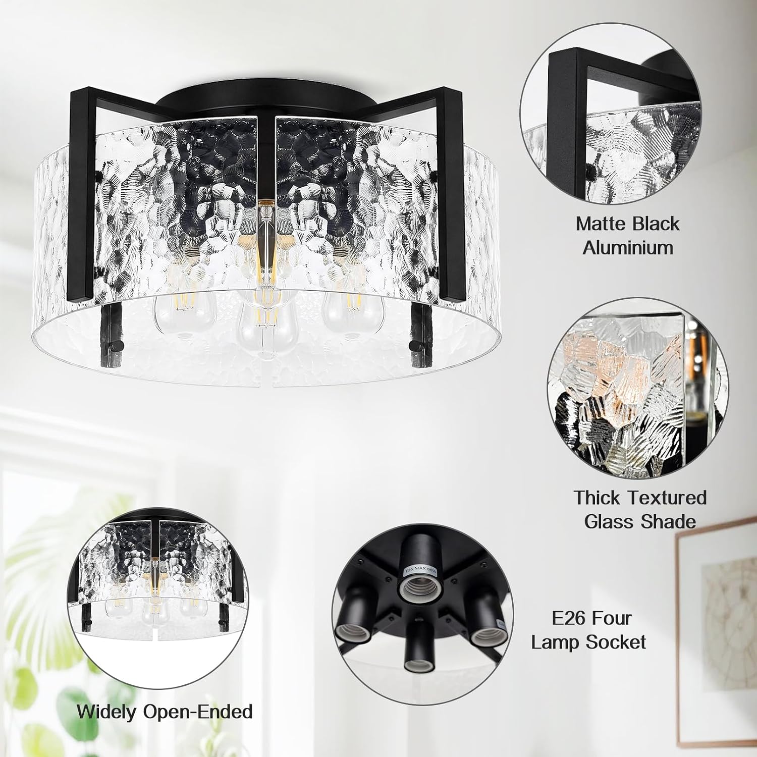 Black Hammered‑Glass Semi Flush Ceiling Light