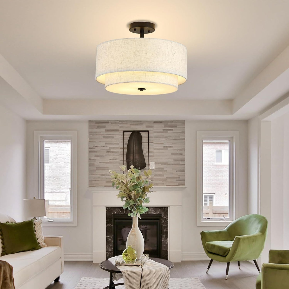 Gold Linen Drum Semi Flush Ceiling Light