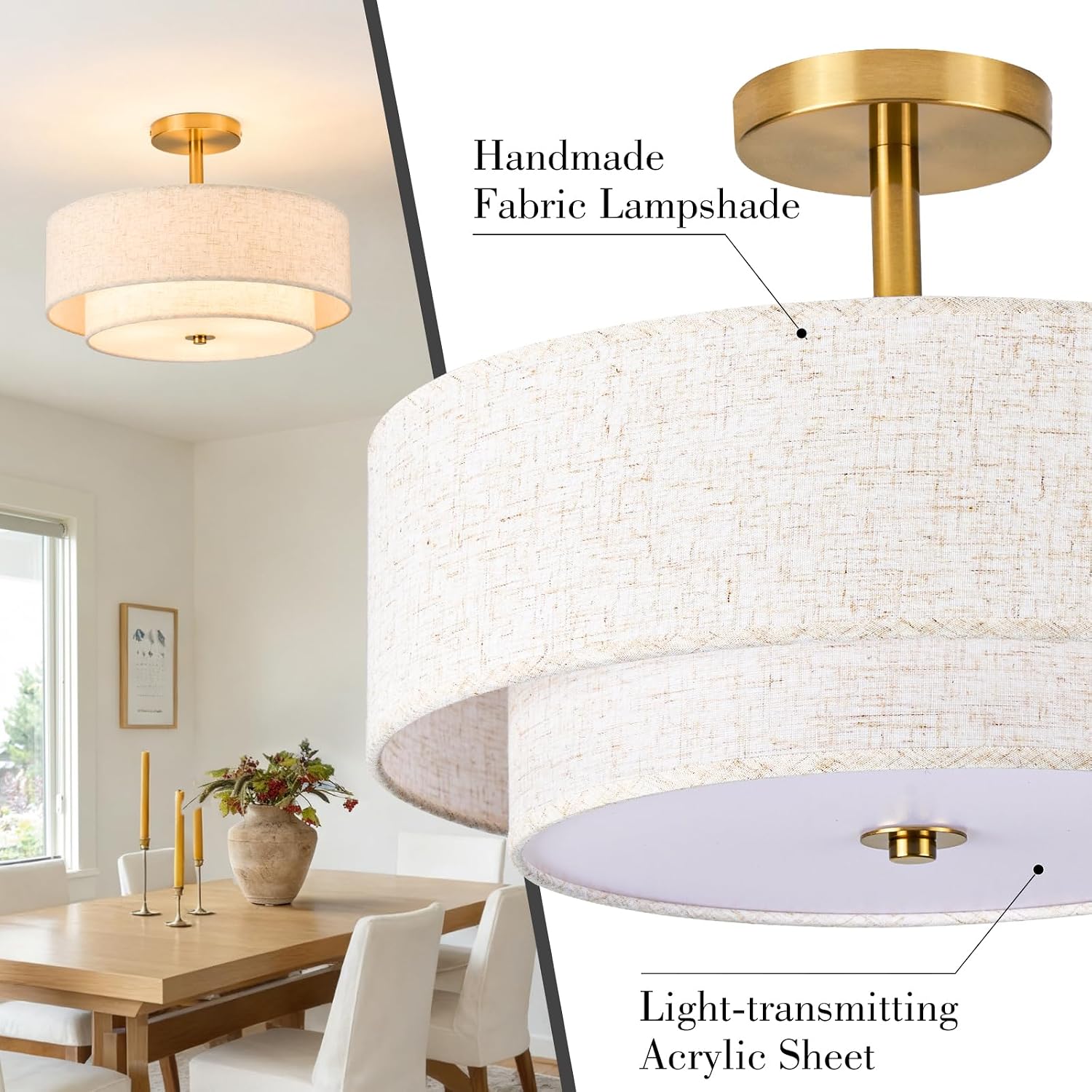 Gold Fabric Drum Semi Flush Ceiling Light