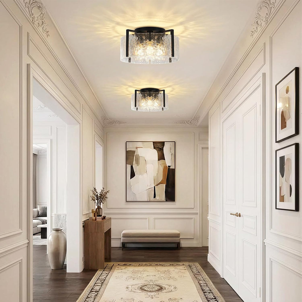 Black Hammered‑Glass Semi Flush Ceiling Light