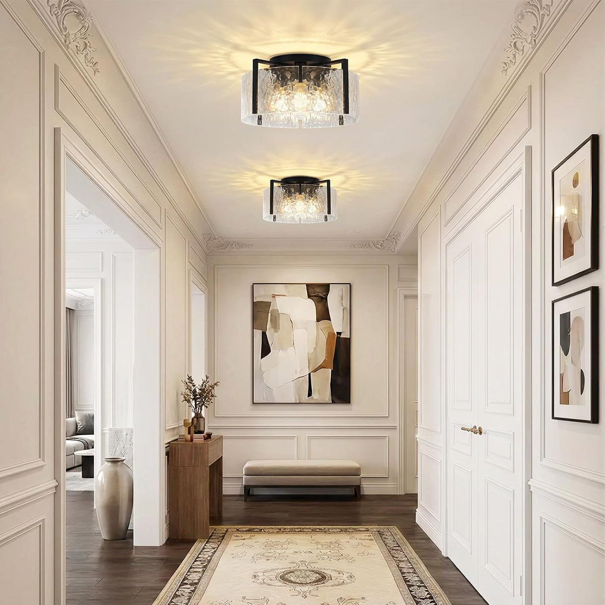 Black Hammered‑Glass Semi Flush Ceiling Light